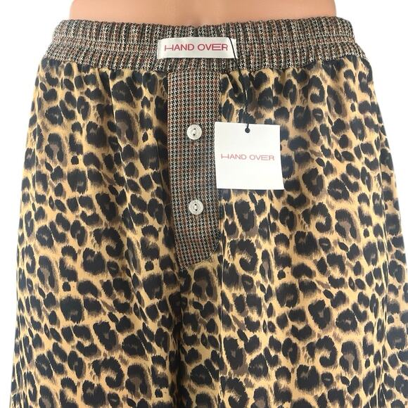 NEW Hand Over Women's Tan Black Leopard Animal Print Wide Leg Trousers Pants 8 - Picture 4 of 6